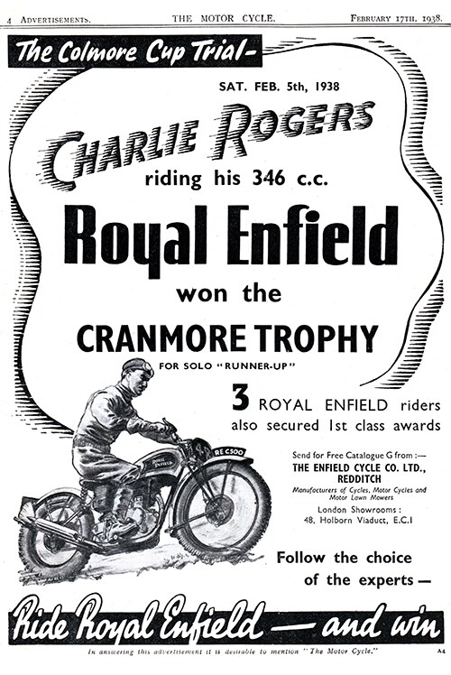 1938 Charlie Rogers Colemore Cup winner 350cc Trials Bullet advert