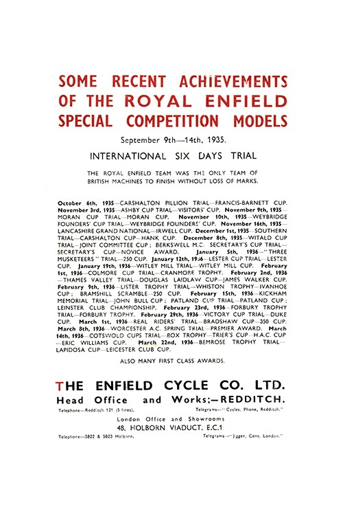 1936 Special Competition Model 500cc brochure
