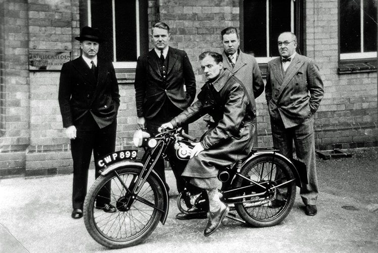 1947 Model RE 125cc at factory with Major Smith and Tony Wilson Jone.