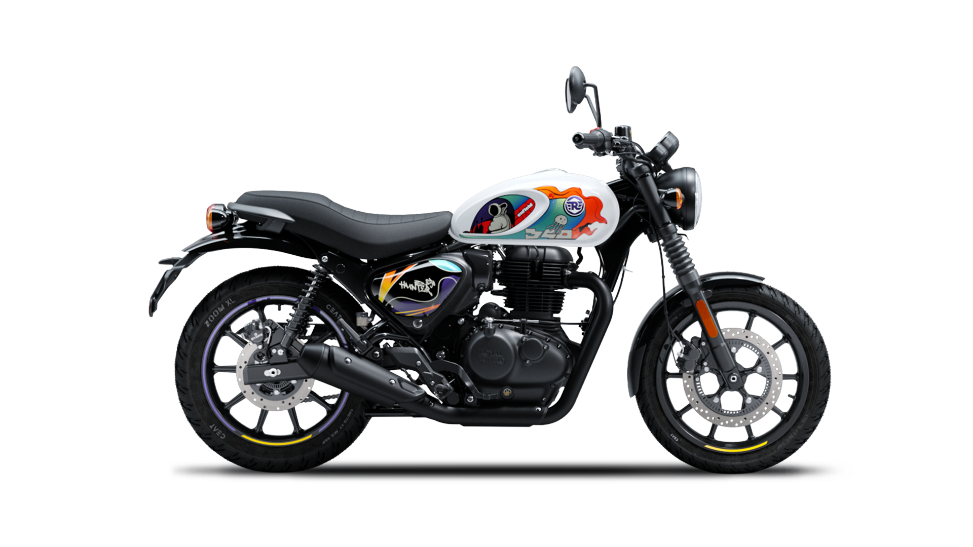 Royal Enfield Hunter 350 motorcycle in Moonshot White colour, featuring a sleek design with black accents, wire-spoke wheels, and a minimalist seat.