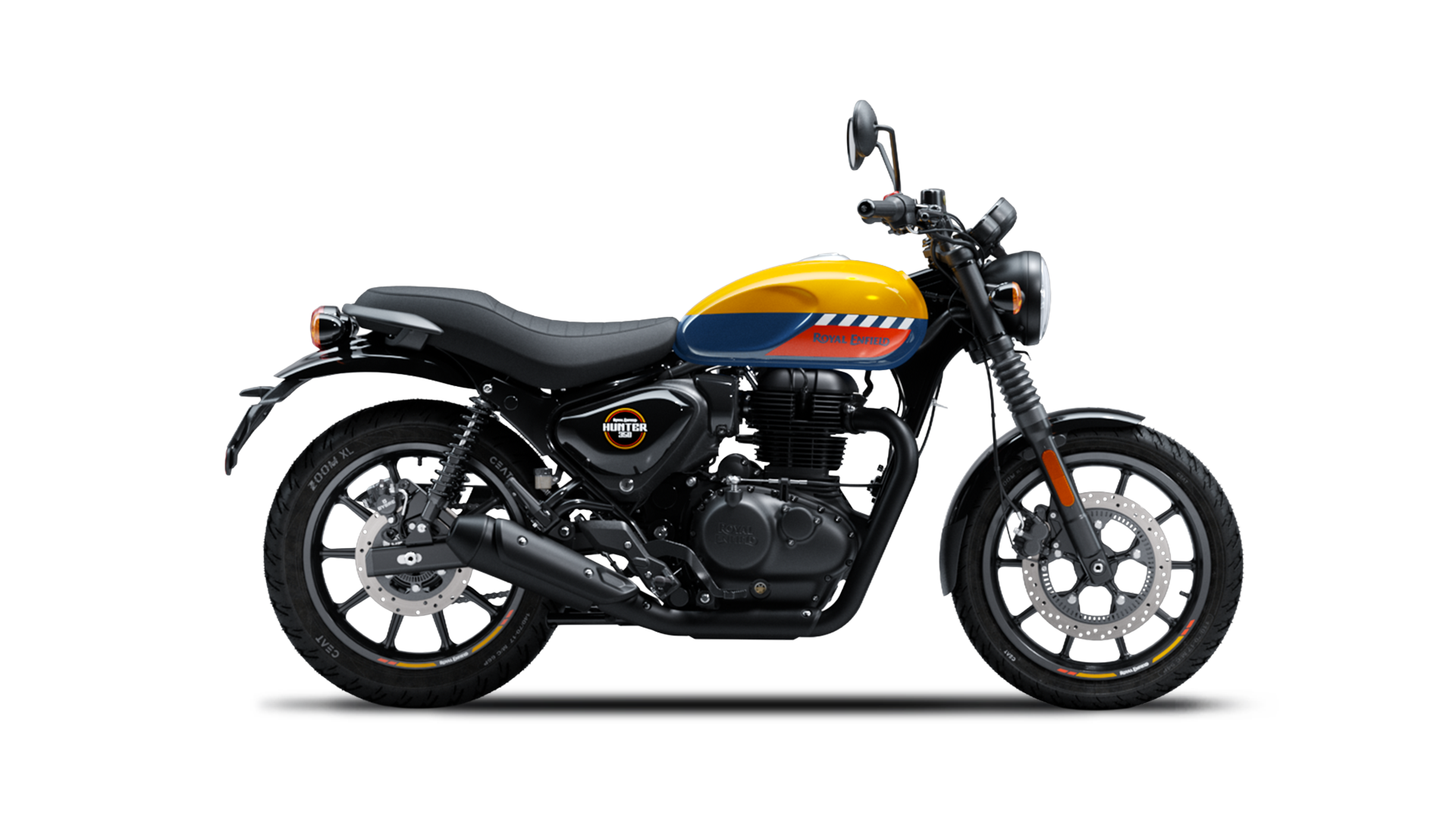 Royal Enfield Hunter 350 motorcycle in Mumbai Yellow colour, featuring a sleek design with black accents, wire-spoke wheels, and a minimalist seat.