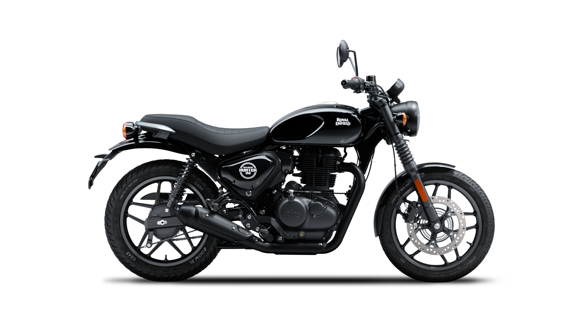 Royal Enfield Hunter 350 motorcycle in Tarmac Black colour, featuring a sleek design with black accents, wire-spoke wheels, and a minimalist seat.