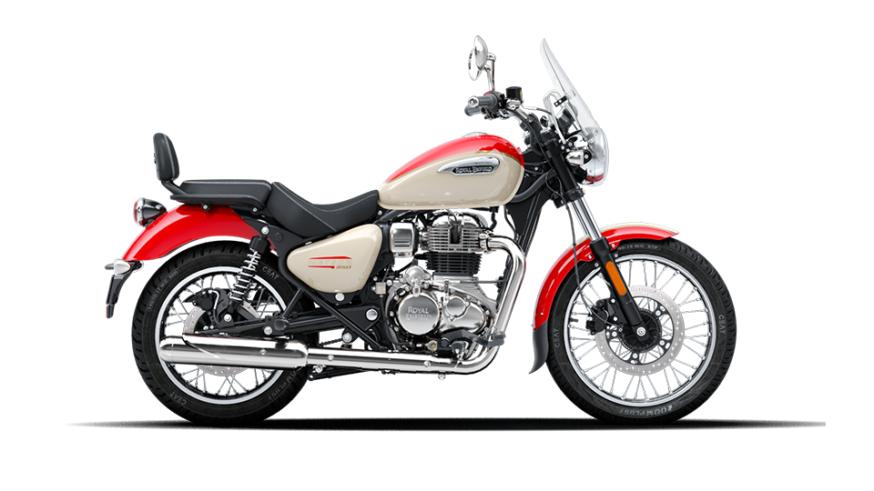 An aurora red coloured royal enfield meteor 350 motorcycle is stationary, displayed on a white background.