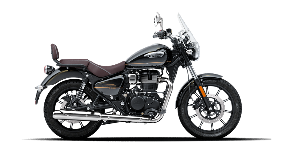 A supernova black coloured royal enfield meteor 350 motorcycle is stationary, displayed on a white background.