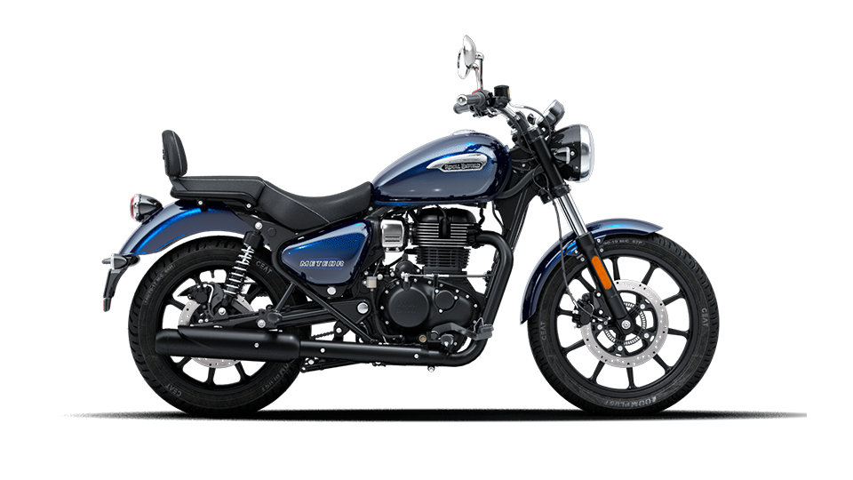 A stellar marine blue coloured royal enfield meteor 350 motorcycle is stationary, displayed on a white background.