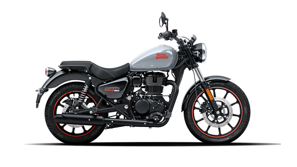 A fireball grey coloured royal enfield meteor 350 motorcycle is stationary, displayed on a white background.