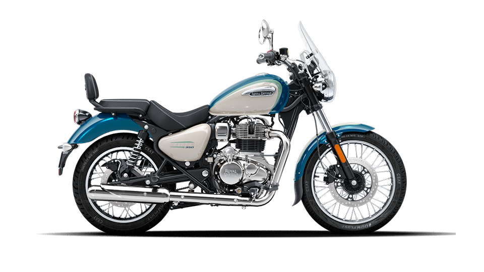 An aurora Retro Green coloured royal enfield meteor 350 motorcycle is stationary, displayed on a white background.